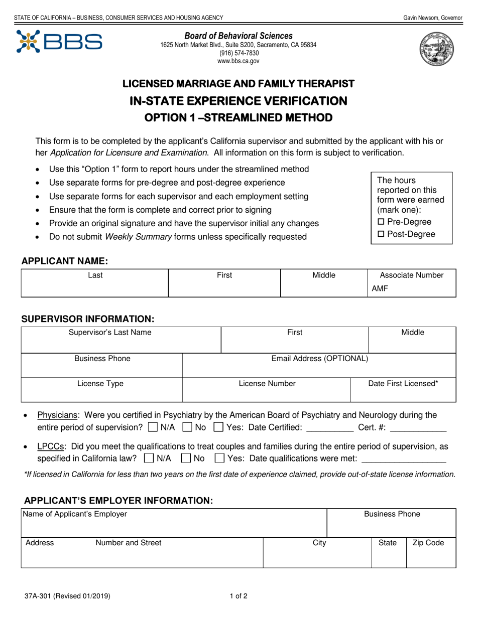 Form 37A-301 Licensed Marriage and Family Therapist in-State Experience Verification Option 1 - Streamlined Method - California, Page 1