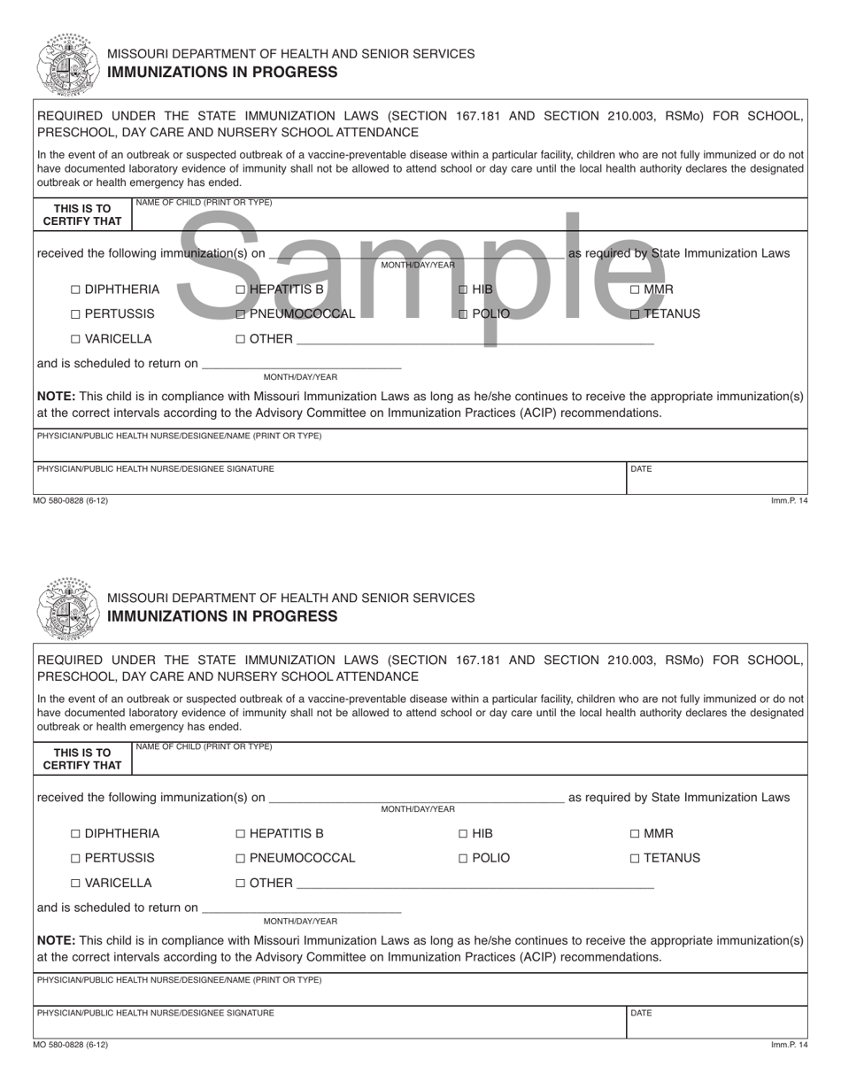 Form Imm.P.14 (MO580-0828) Immunizations in Progress - Sample - Missouri, Page 1