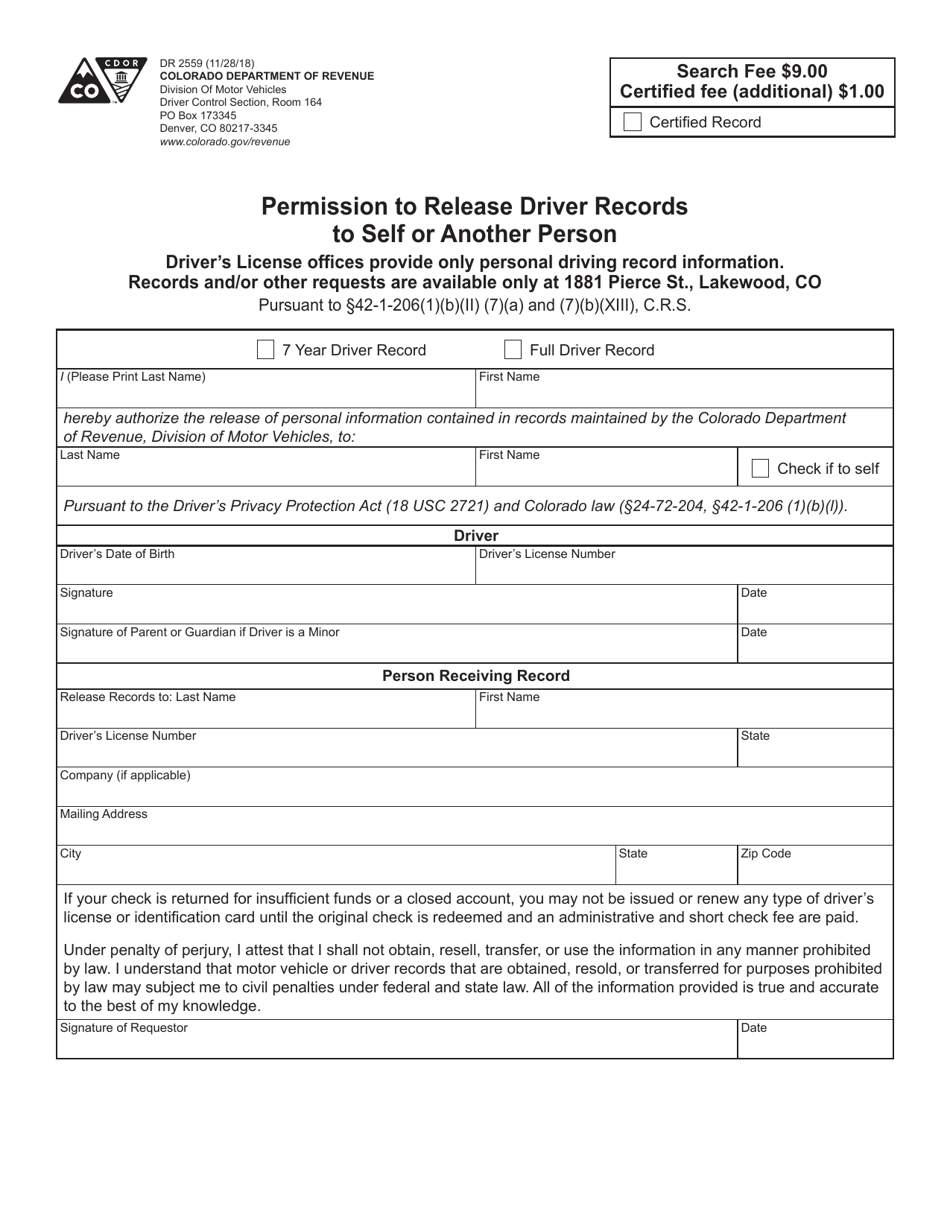 Form DR2559 Permission to Release Driver Records to Self or Another Person - Colorado, Page 1