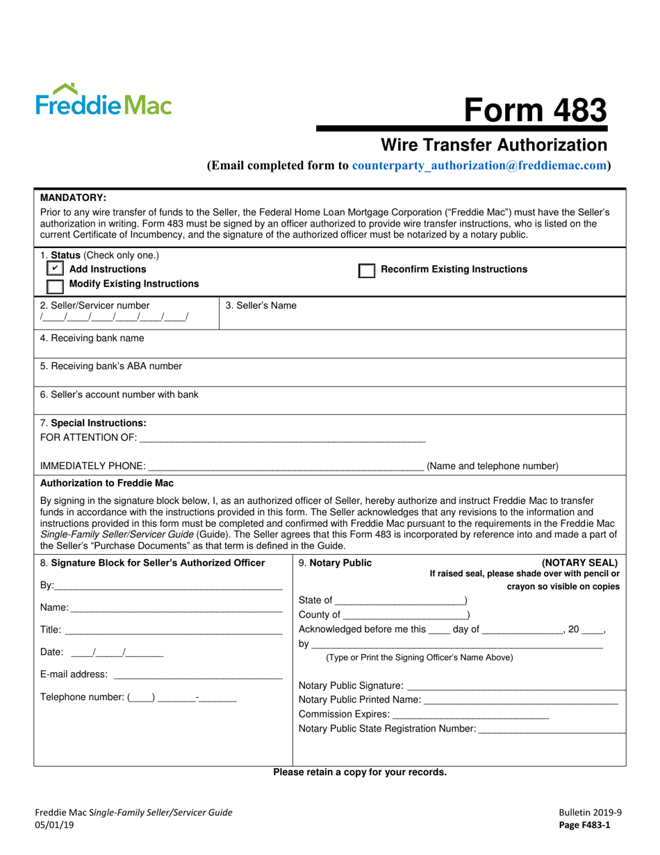 Freddie Mac Form 483 Wire Transfer Authorization, Page 1