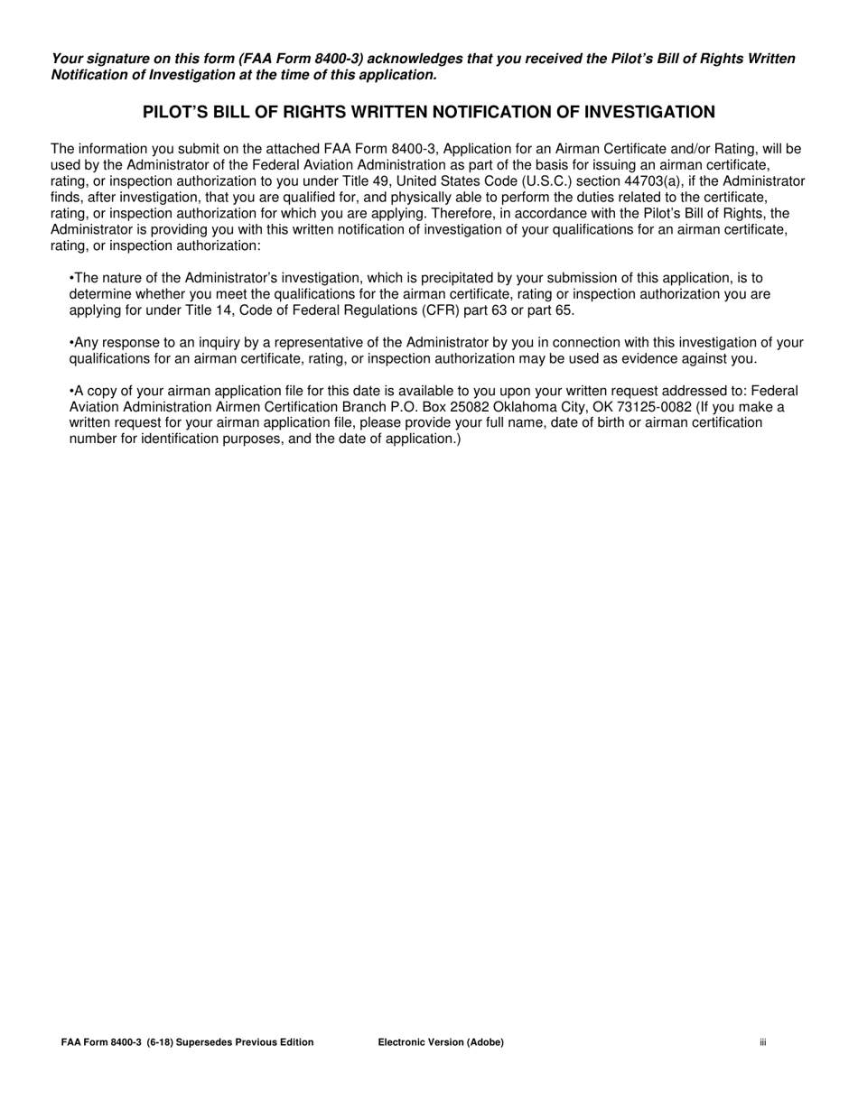 FAA Form 8400-3 Application for an Airman Certificate and / or Rating, Page 3