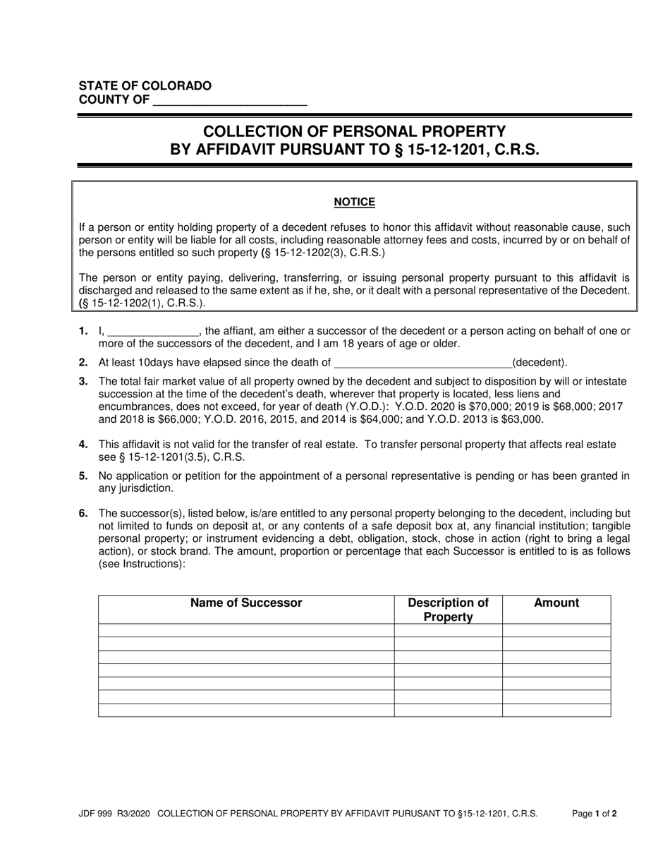 Form JDF999 Collection of Personal Property by Affidavit Pursuant to 15-12-1201, C.r.s. - Colorado, Page 1