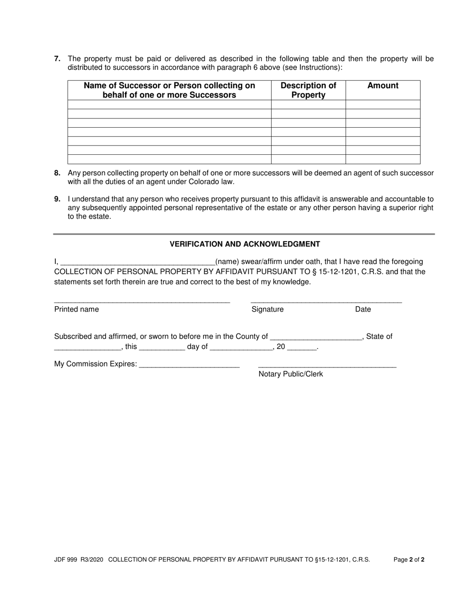 Form JDF999 Collection of Personal Property by Affidavit Pursuant to 15-12-1201, C.r.s. - Colorado, Page 2