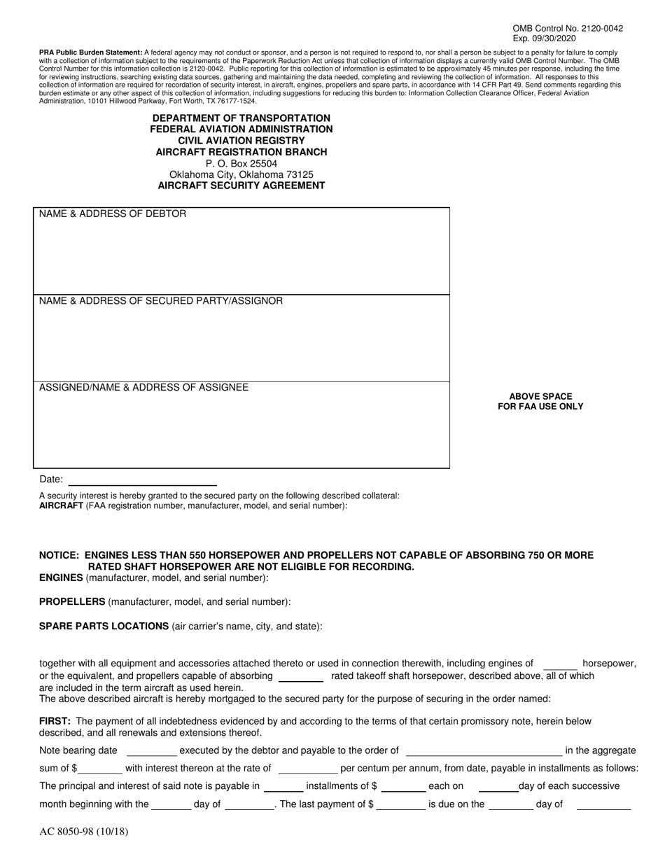 Form AC8050-98 Aircraft Security Agreement, Page 1