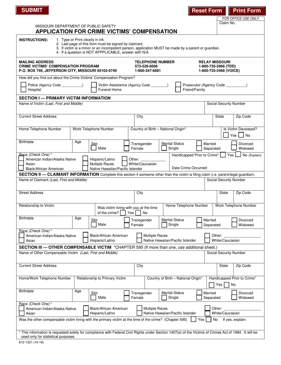 Form 812-1321 Application for Crime Victims Compensation - Missouri, Page 1