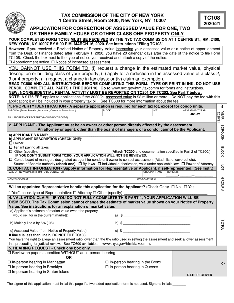 Form TC108 Application for Correction of Assessed Value for One, Two or Three-Family House or Other Class One Property Only - New York City, Page 3