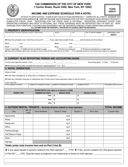 Form TC208 Income and Expense Schedule for a Hote - New York City, 2021