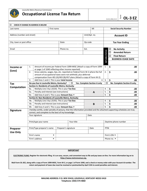 Form OL-3 EZ Occupational License Tax Return - Louisville Metro, Kentucky