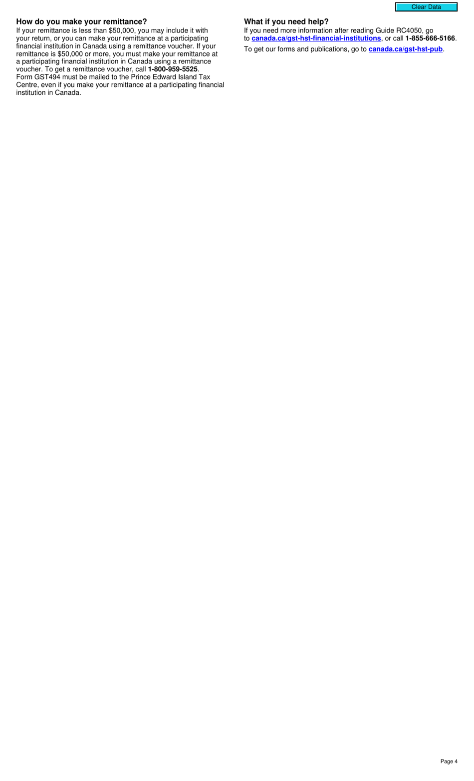 Form GST494 Goods and Services Tax / Harmonized Sales Tax (Gst / Hst) Final Return for Selected Listed Financial Institutions - Canada, Page 4