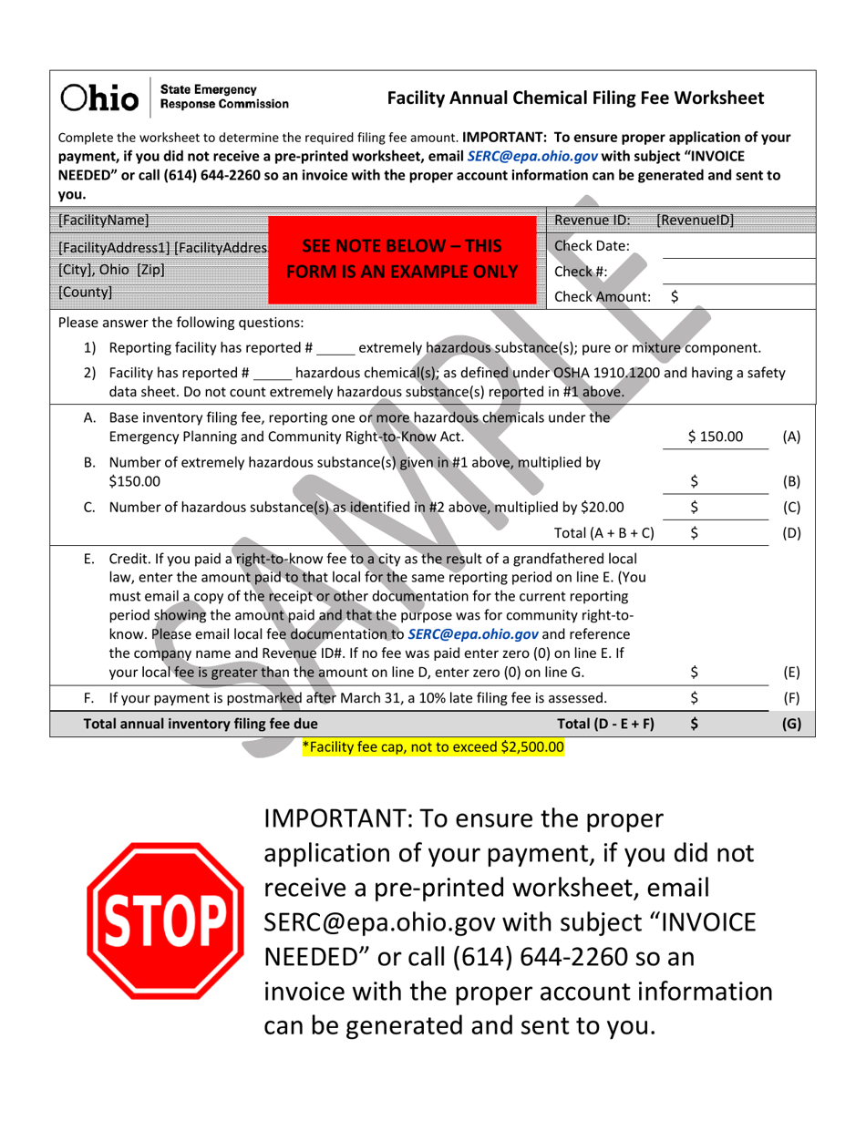 Facility Annual Chemical Filing Fee Worksheet - Ohio, Page 1