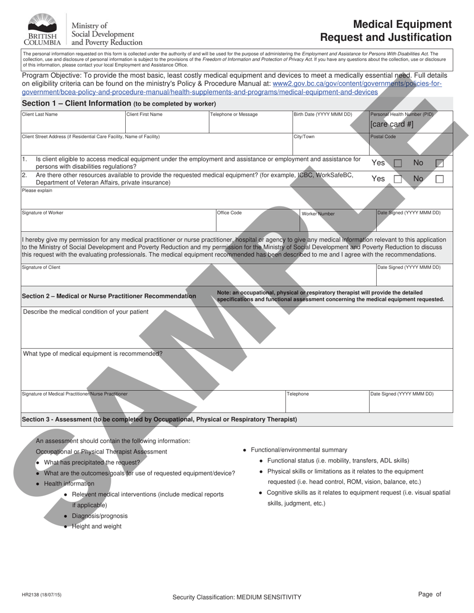 Form HR2138 Medical Equipment Request and Justification - British Columbia, Canada, Page 1