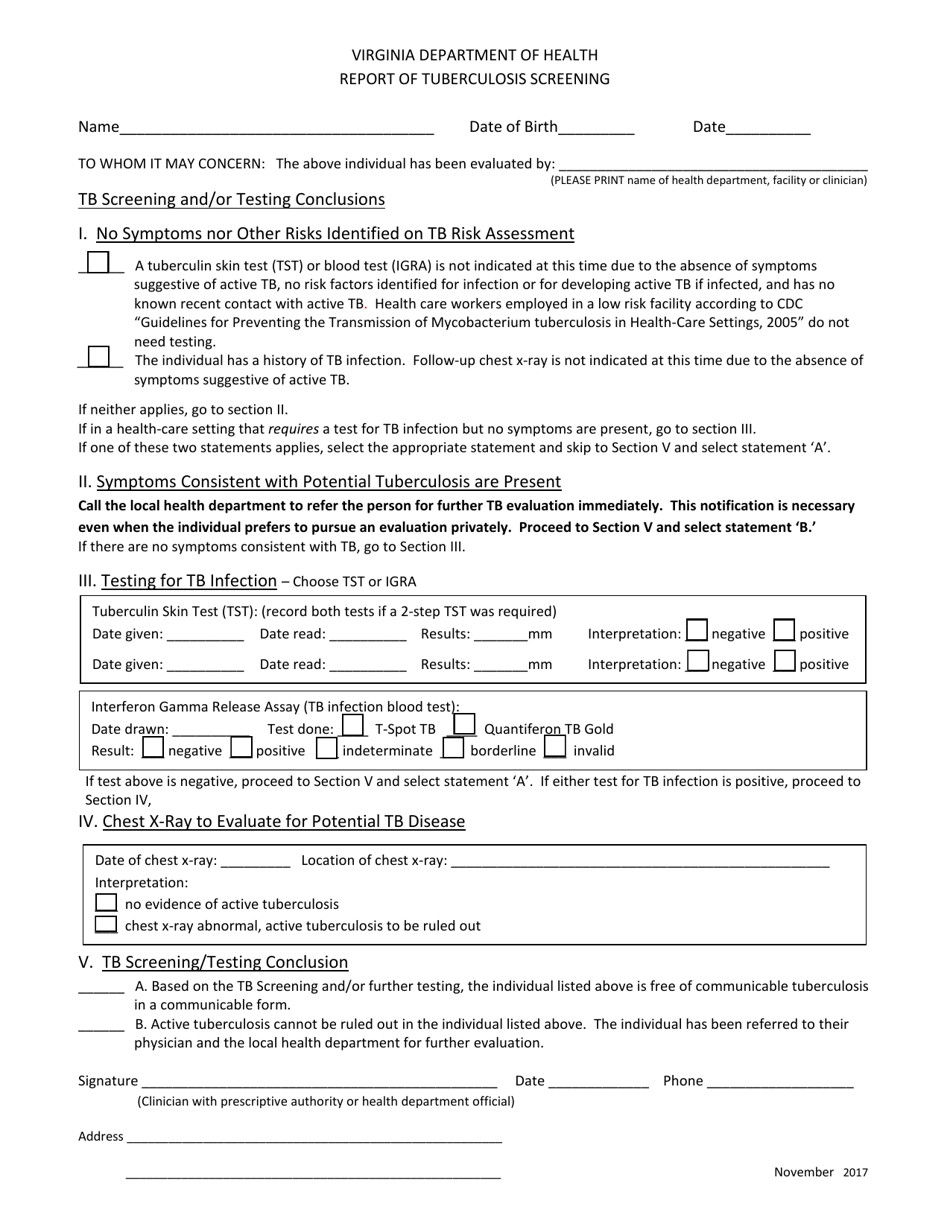 Virginia Report of Tuberculosis Screening Download Fillable PDF ...