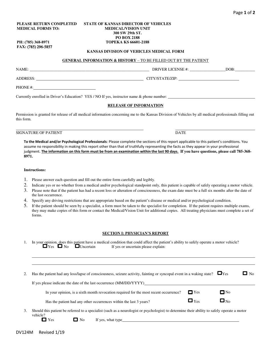 Form DV124M Kansas Division of Vehicles Medical Form - Kansas, Page 1