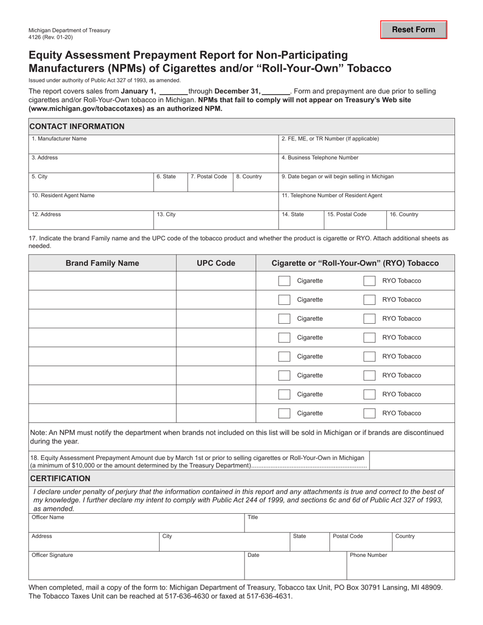 Form 4126 Equity Assessment Prepayment Report for Non-participating Manufacturers (Npms) of Cigarettes and / or roll-Your-Own Tobacco - Michigan, Page 1