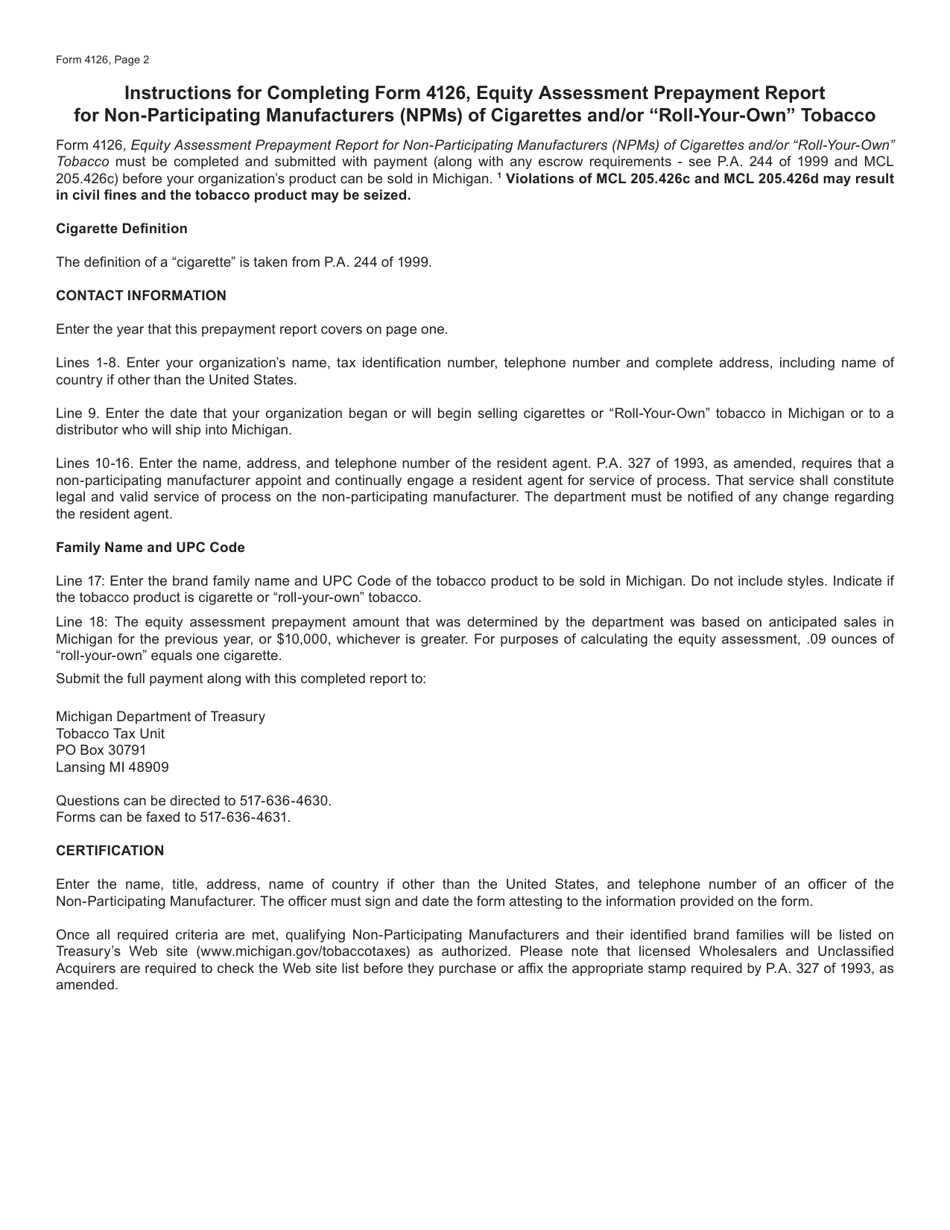 Form 4126 Equity Assessment Prepayment Report for Non-participating Manufacturers (Npms) of Cigarettes and / or roll-Your-Own Tobacco - Michigan, Page 2