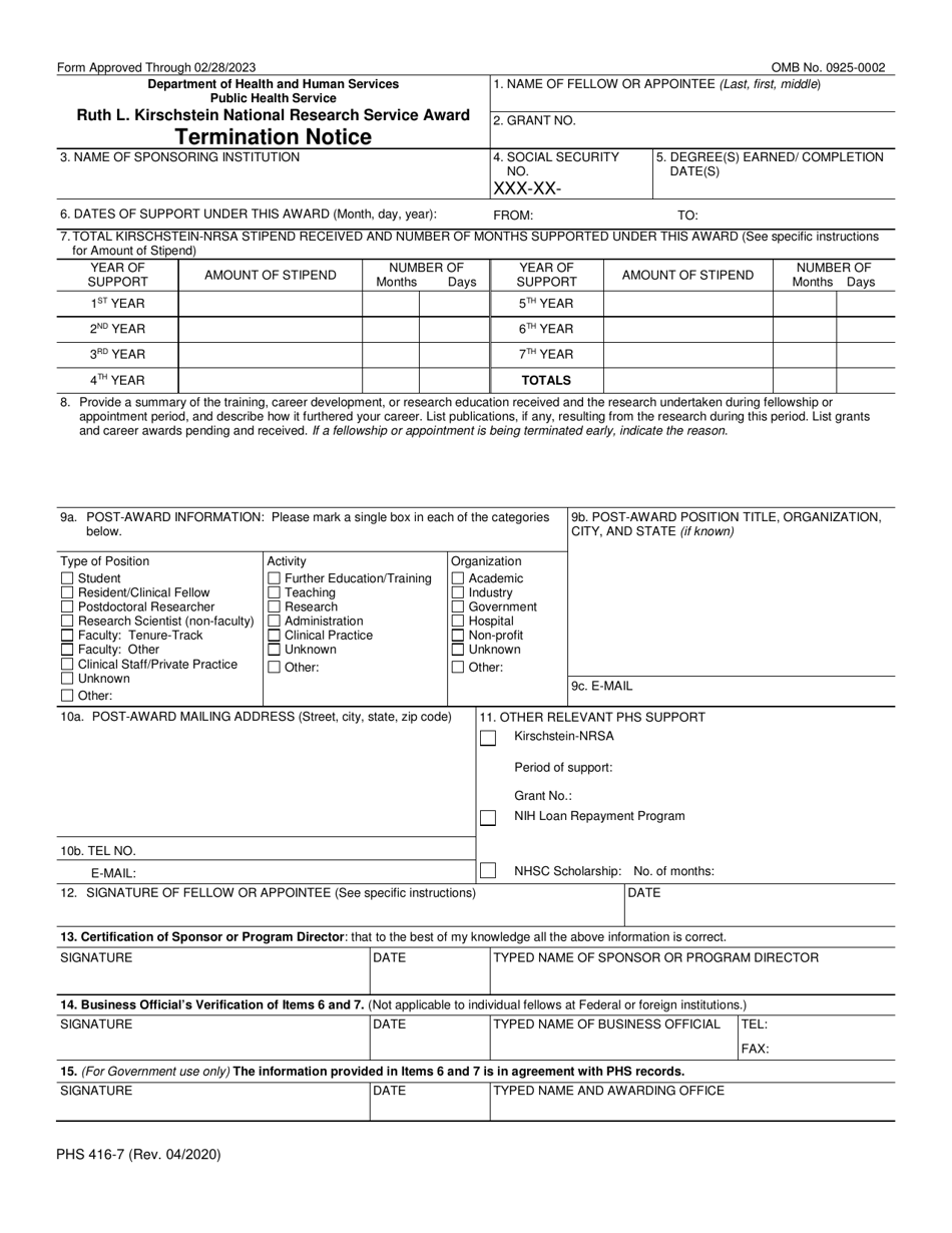 Form PHS416-7 Ruth L. Kirschstein National Research Service Award Termination Notice, Page 3