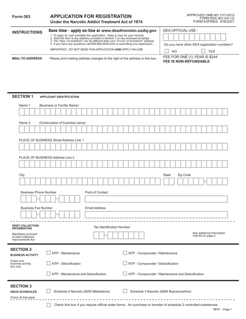 Document preview: DEA Form 363 Application for Registration Under the Narcotic Addict Treatment Act of 1974