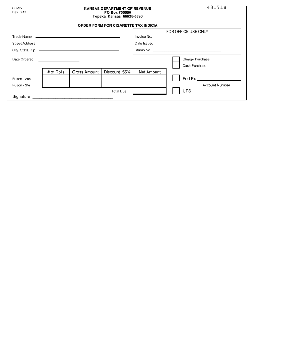 Form CG-25 Order Form for Cigarette Tax Indicia - Kansas, Page 1