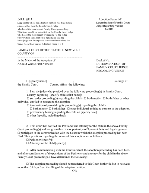 Adoption Form 1-F Determination of Family Court Judge Regarding Venue - New York