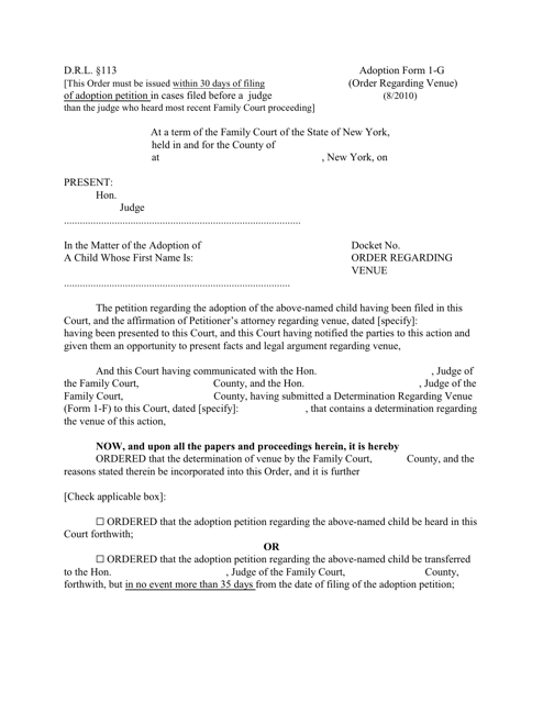 Adoption Form 1-G Order Regarding Venue - New York