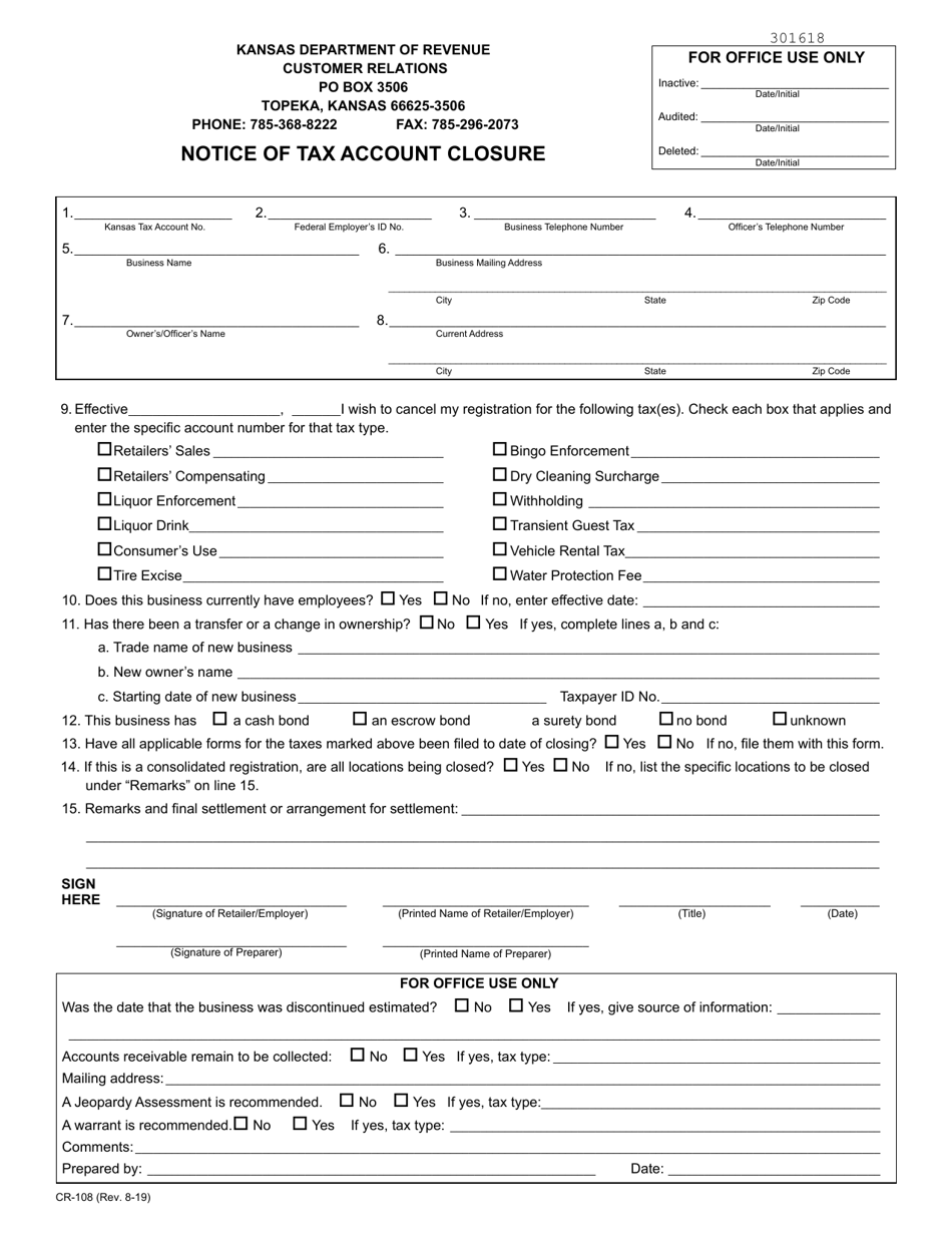Form CR-108 Notice of Tax Account Closure - Kansas, Page 1