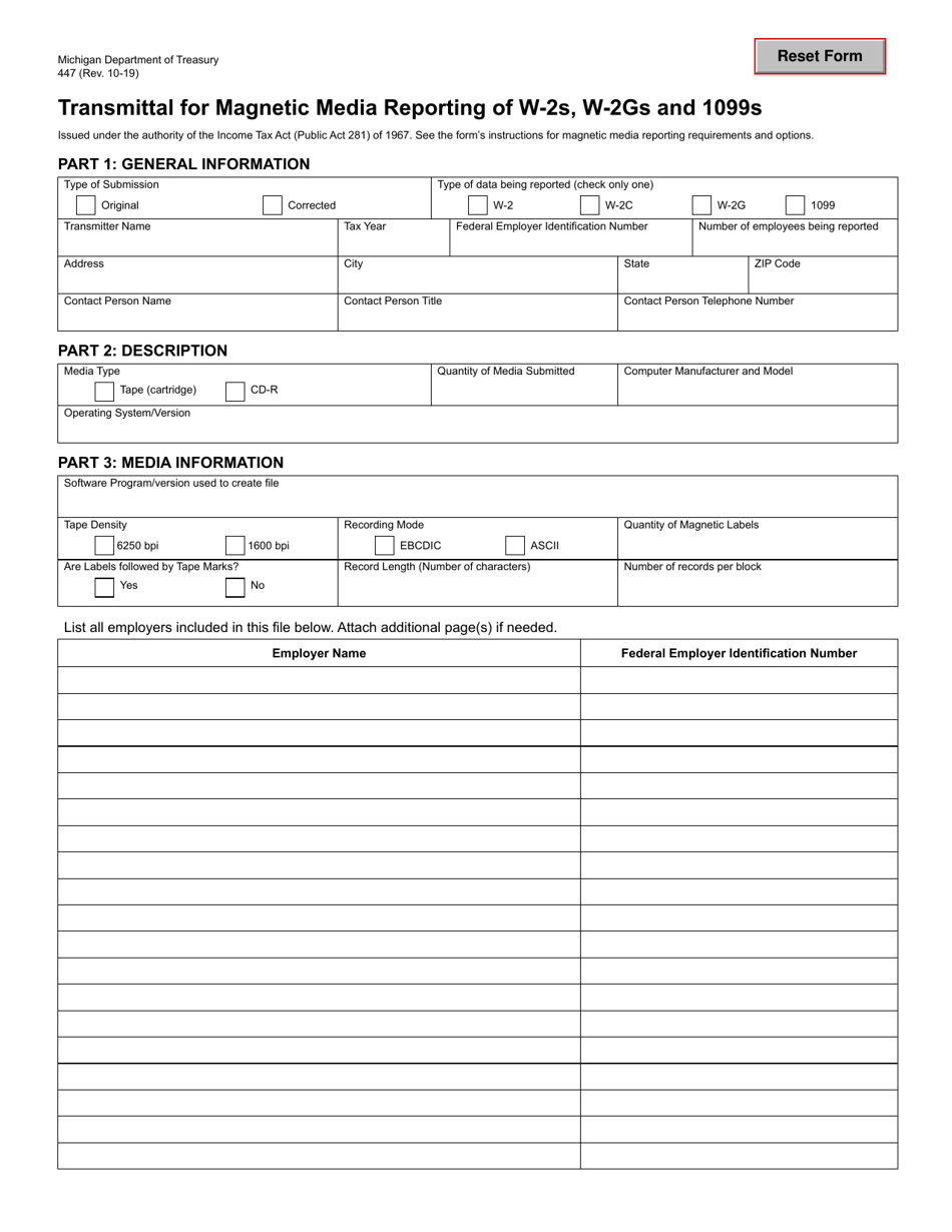 Form 447 Transmittal for Magnetic Media Reporting of W-2s, W-2gs and 1099s - Michigan, Page 1