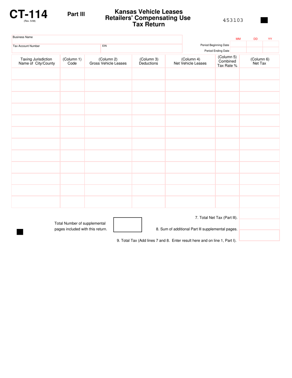 Form CT-114 Kansas Vehicle Leases Retailers Compensating Use Tax Return - Kansas, Page 3