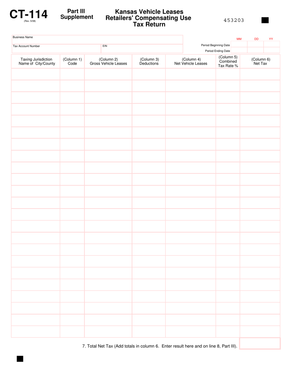 Form CT-114 Kansas Vehicle Leases Retailers Compensating Use Tax Return - Kansas, Page 5