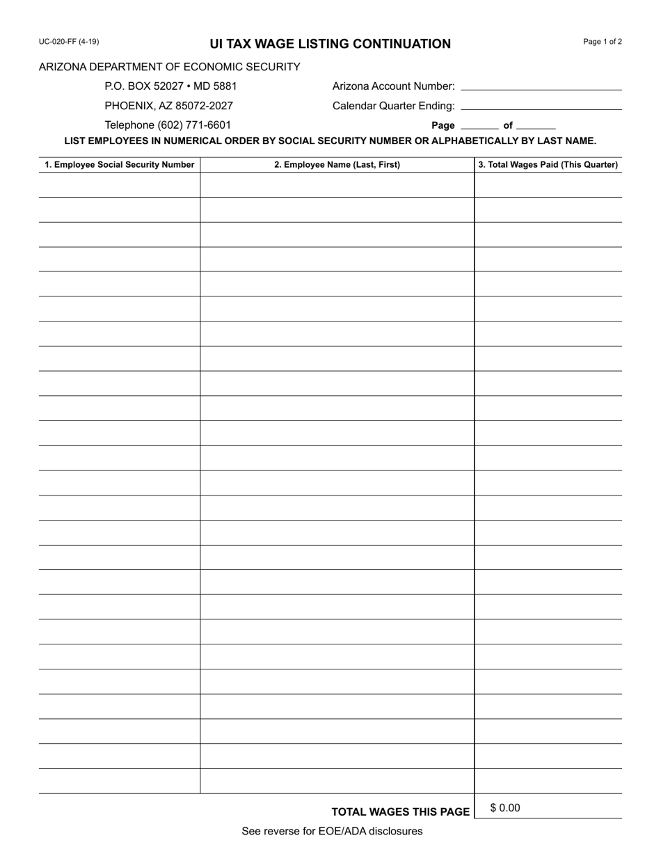 Form UC-020 Ui Tax Wage Listing Continuation - Arizona, Page 1