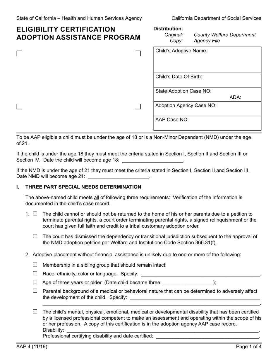 Form AAP4 Eligibility Certification Adoption Assistance Program - California, Page 1