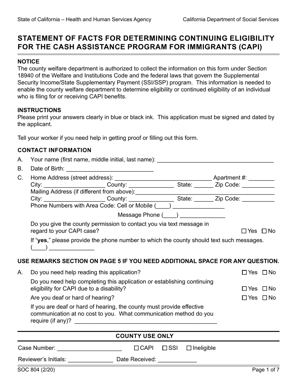 Form SOC804 - Fill Out, Sign Online and Download Fillable PDF ...