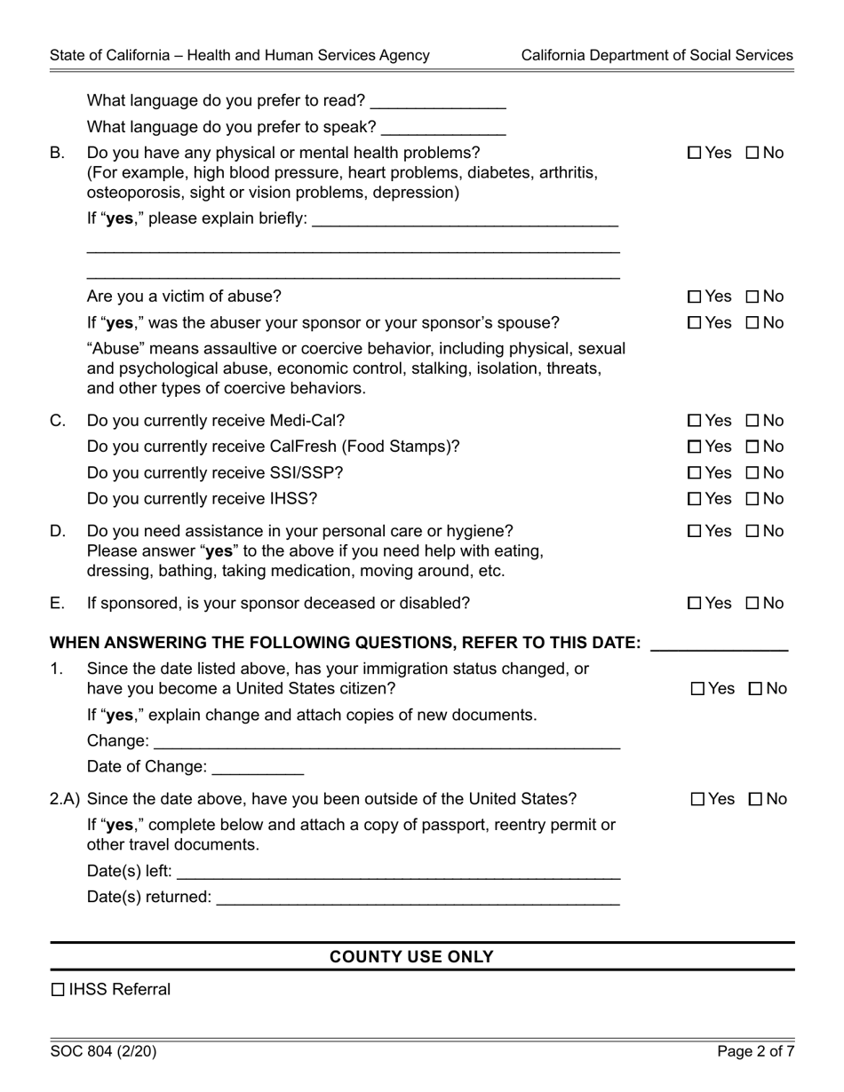 Form SOC804 Statement of Facts for Determining Continuing Eligibility for the Cash Assistance Program for Immigrants (Capi) - California, Page 2