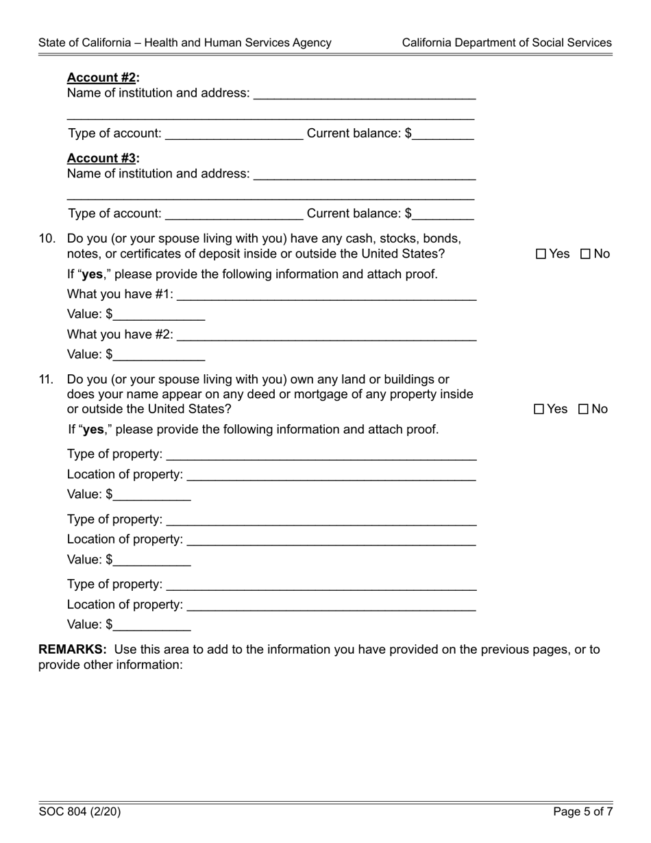 Form SOC804 Statement of Facts for Determining Continuing Eligibility for the Cash Assistance Program for Immigrants (Capi) - California, Page 5