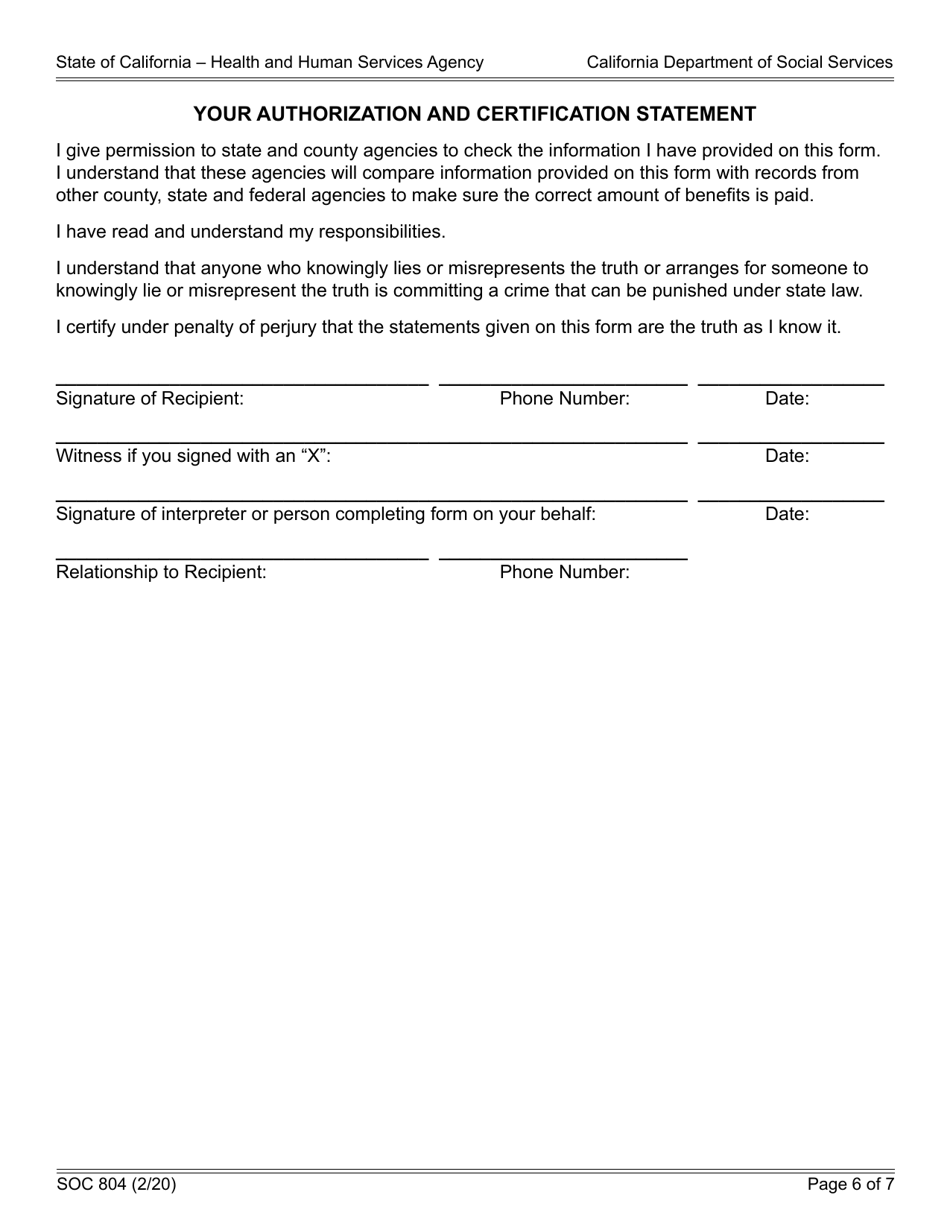 Form SOC804 Statement of Facts for Determining Continuing Eligibility for the Cash Assistance Program for Immigrants (Capi) - California, Page 6
