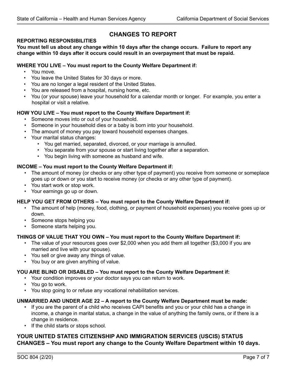 Form SOC804 Statement of Facts for Determining Continuing Eligibility for the Cash Assistance Program for Immigrants (Capi) - California, Page 7
