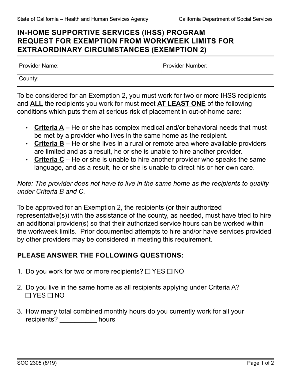 Form SOC2305 In-home Supportive Services (Ihss) Program Request for Exemption From Workweek Limits for Extraordinary Circumstances (Exemption 2) - California, Page 1