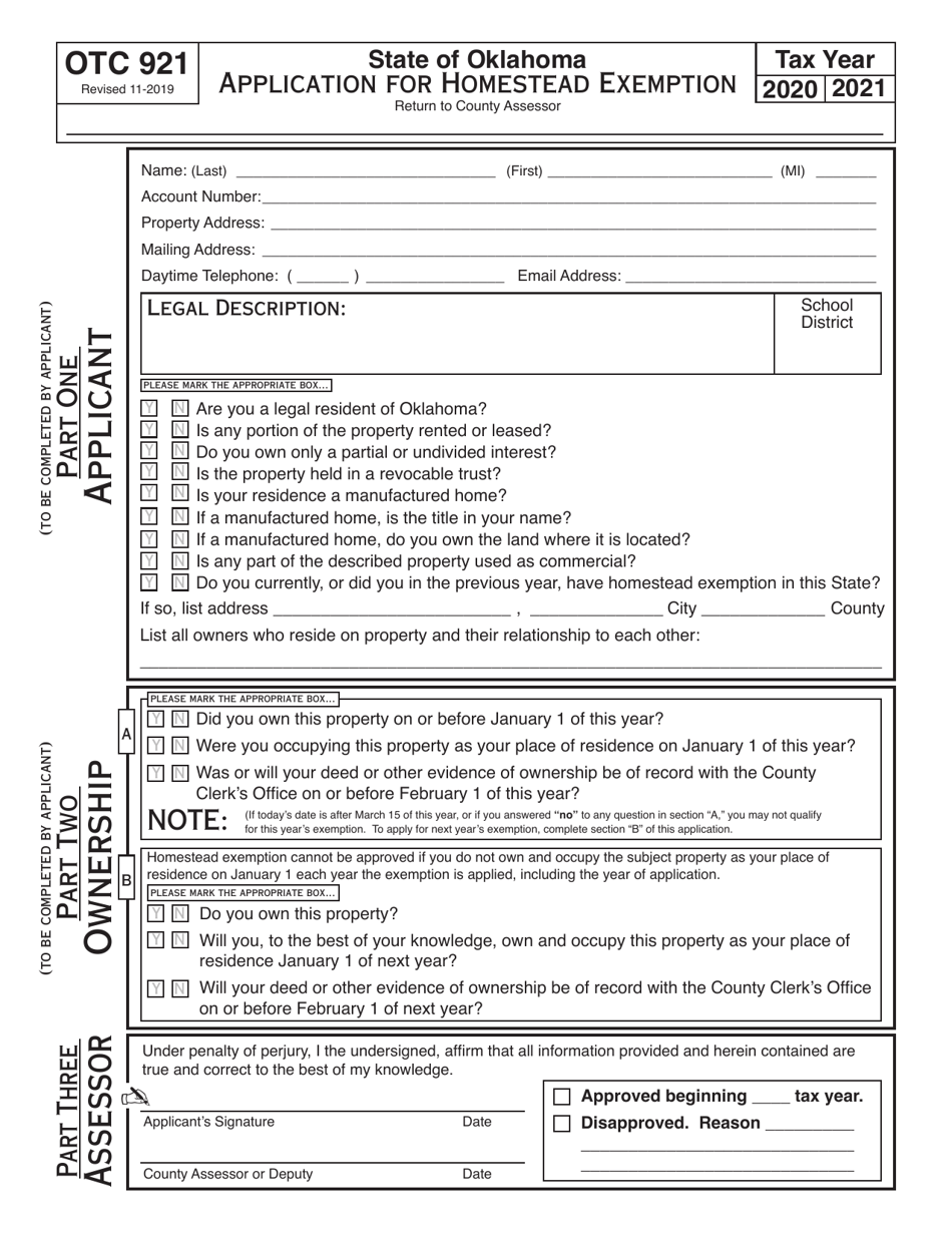 OTC Form 921 Application for Homestead Exemption - Oklahoma, Page 1