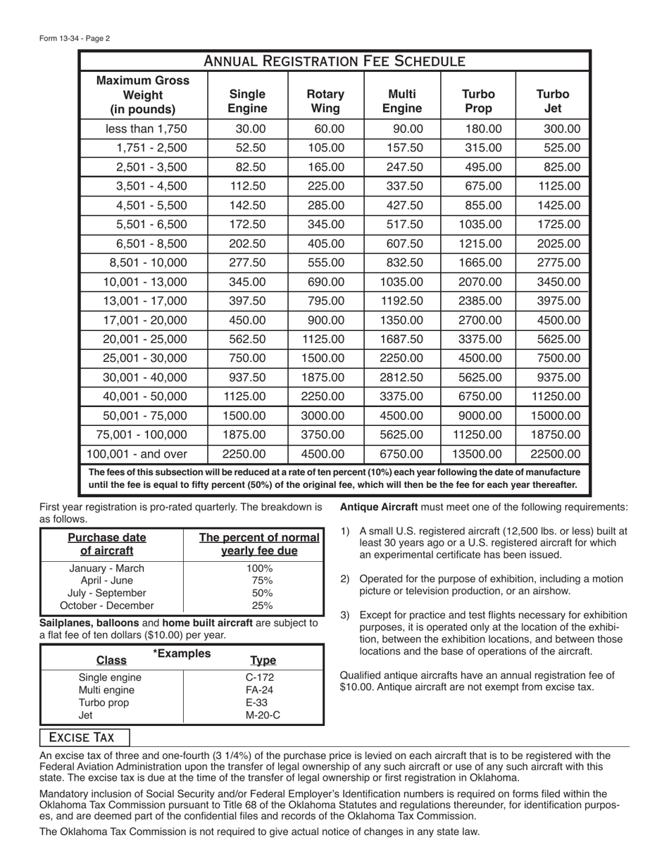 Form 13-34 Application for Registration of Aircraft and Report of Excise Tax - Oklahoma, Page 3