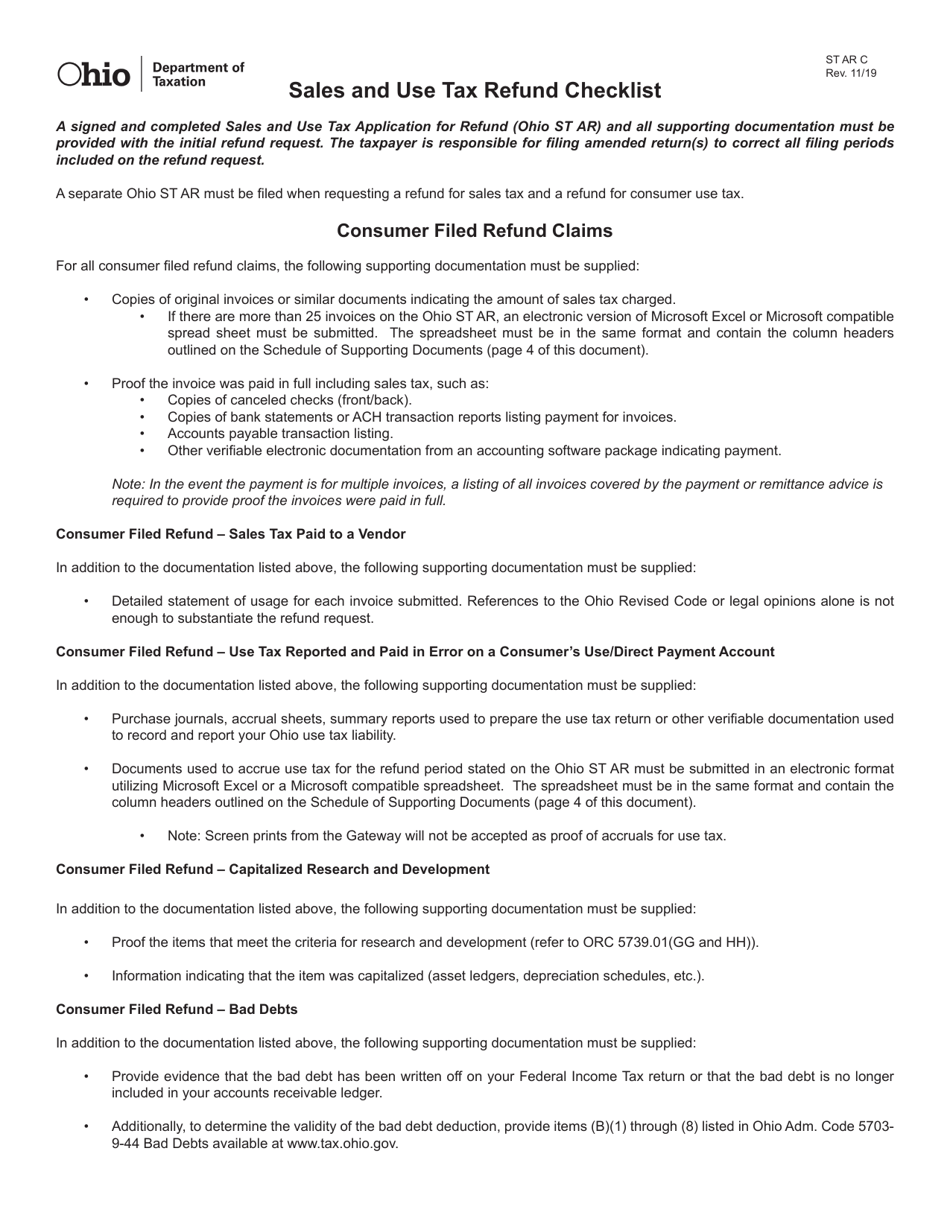 Form ST AR C Sales and Use Tax Refund Checklist - Ohio, Page 1