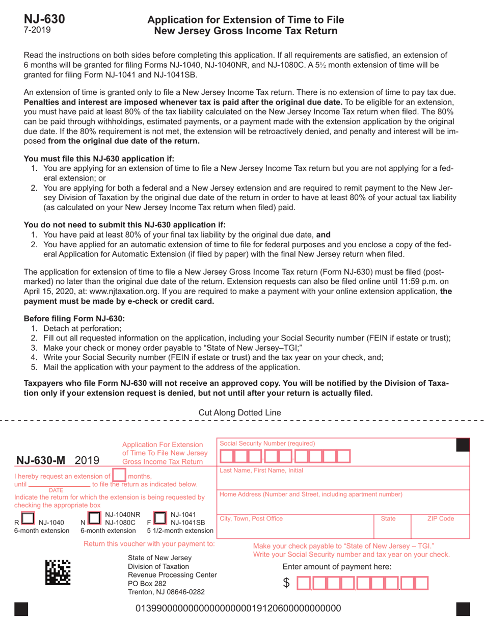 Form NJ-630-M Application for Extension of Time to File New Jersey Gross Income Tax Return - New Jersey, Page 1