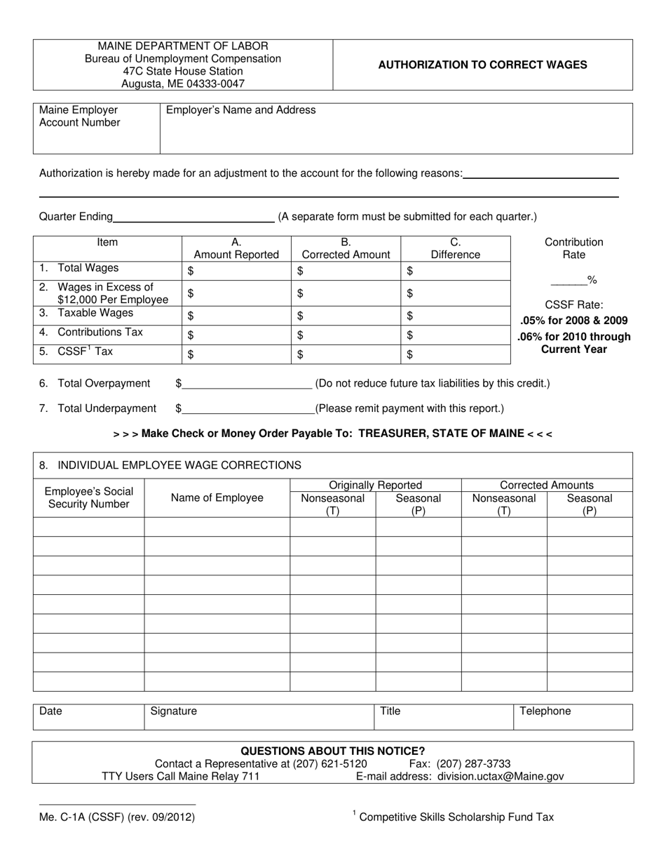 Form C-1A Authorization to Correct Wages - Maine, Page 1