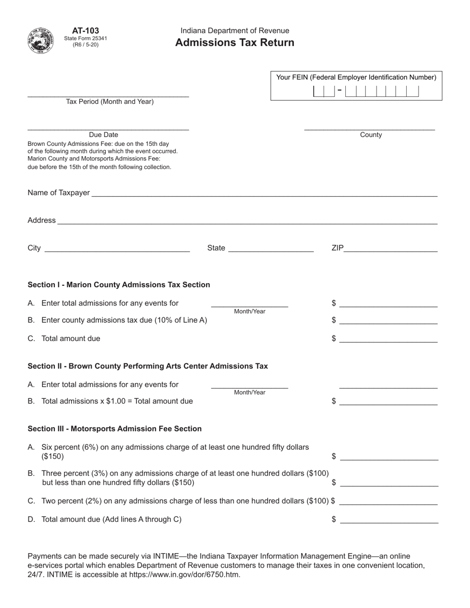 Form AT-103 (State Form 25341) Admissions Tax Return - Indiana, Page 1