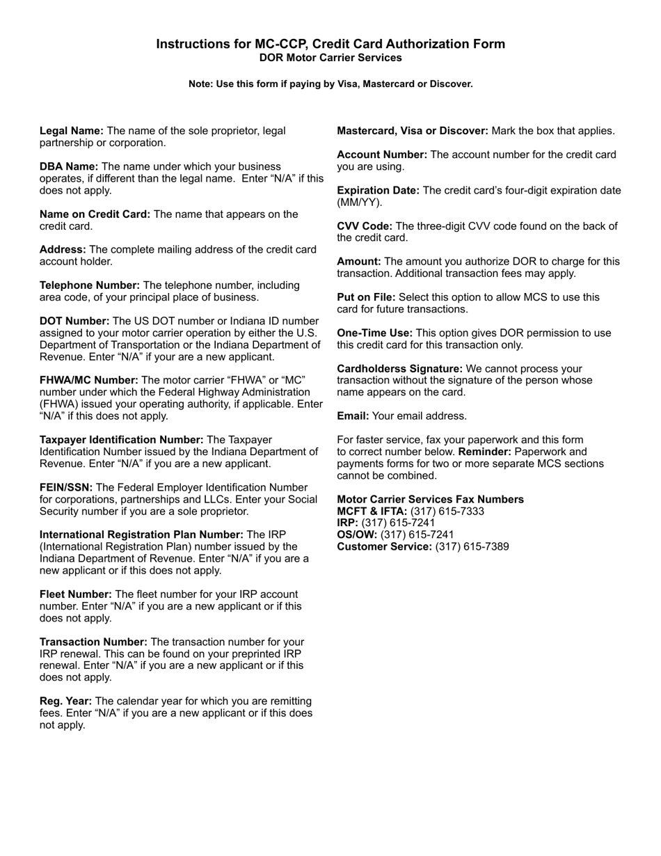 Form MC-CCP (State Form 51694) Credit Card Payment Authorization Form - Indiana, Page 2