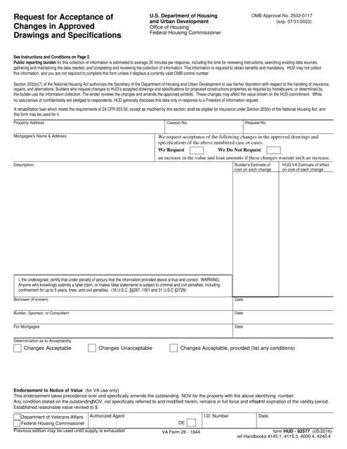 Form HUD-92577 Request for Acceptance of Changes in Approved Drawings and Specifications