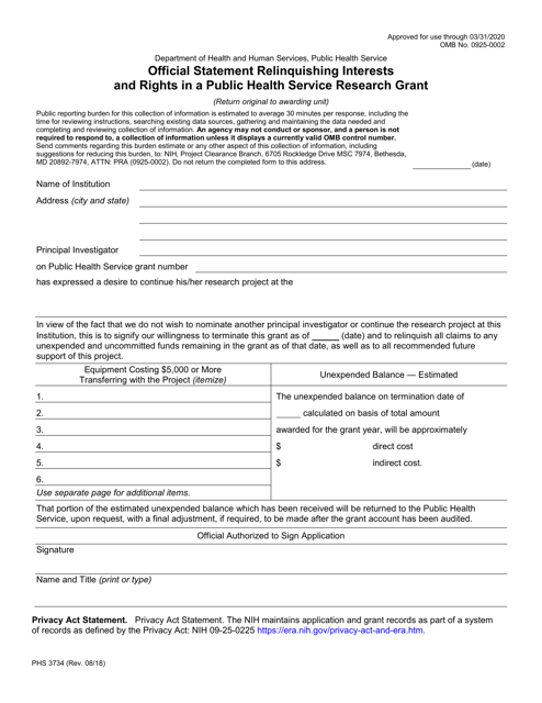 Form PHS3734  Printable Pdf