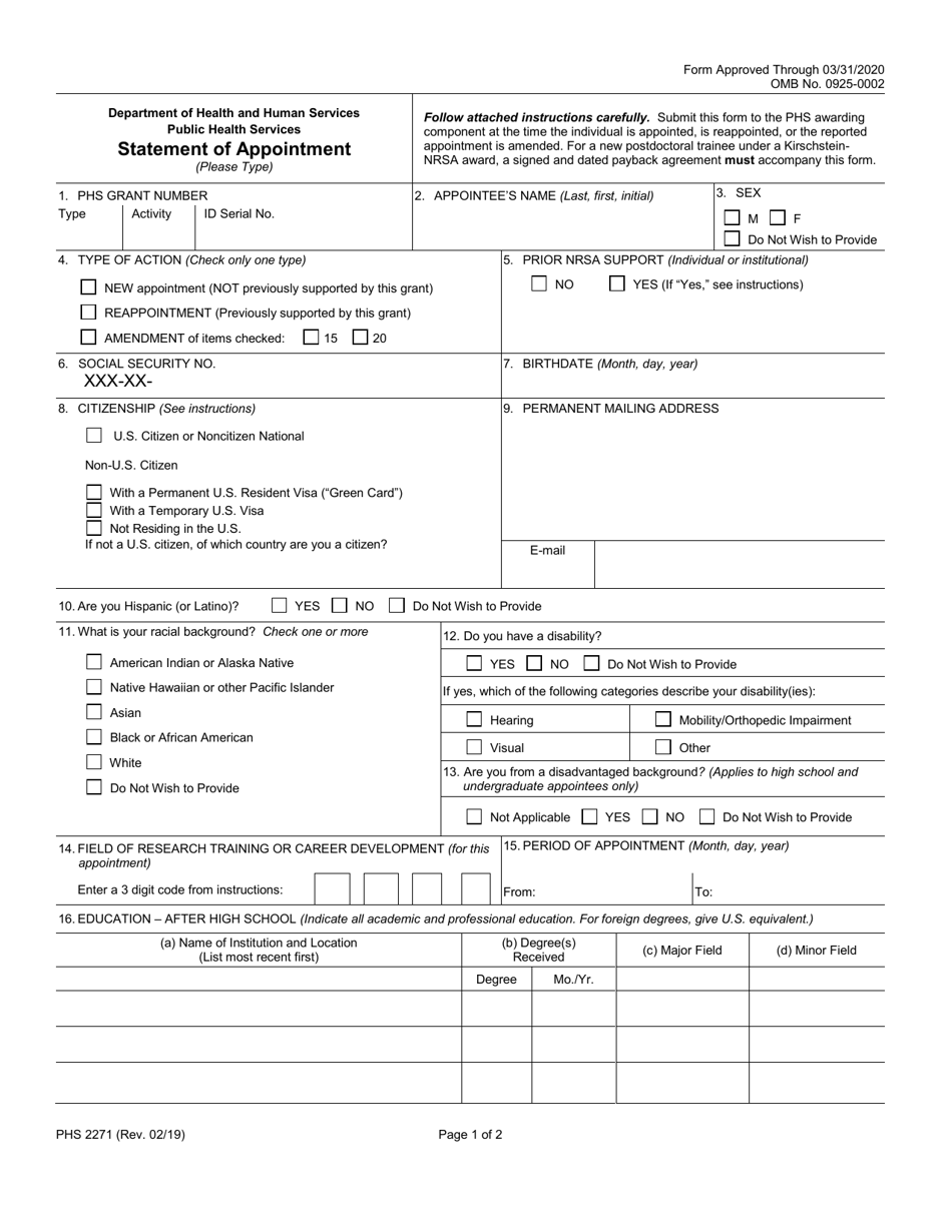 Form PHS2271 Statement of Appointment, Page 8