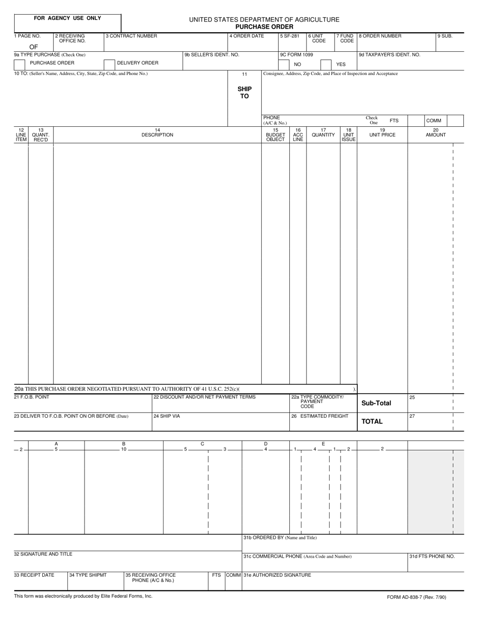 Form AD-838-7 Purchase Order, Page 1