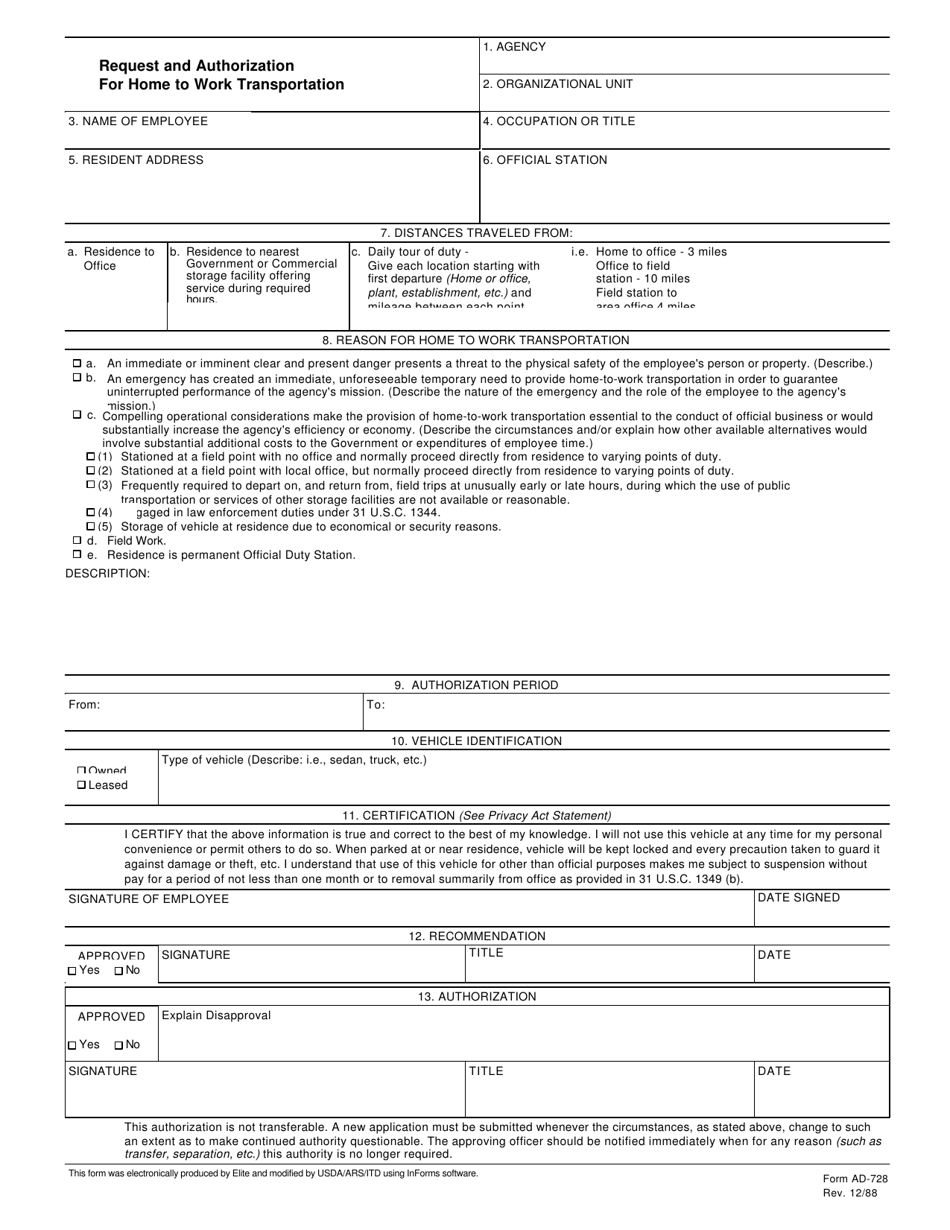 Form AD-728 Request and Authorization for Home to Work Transportation, Page 1