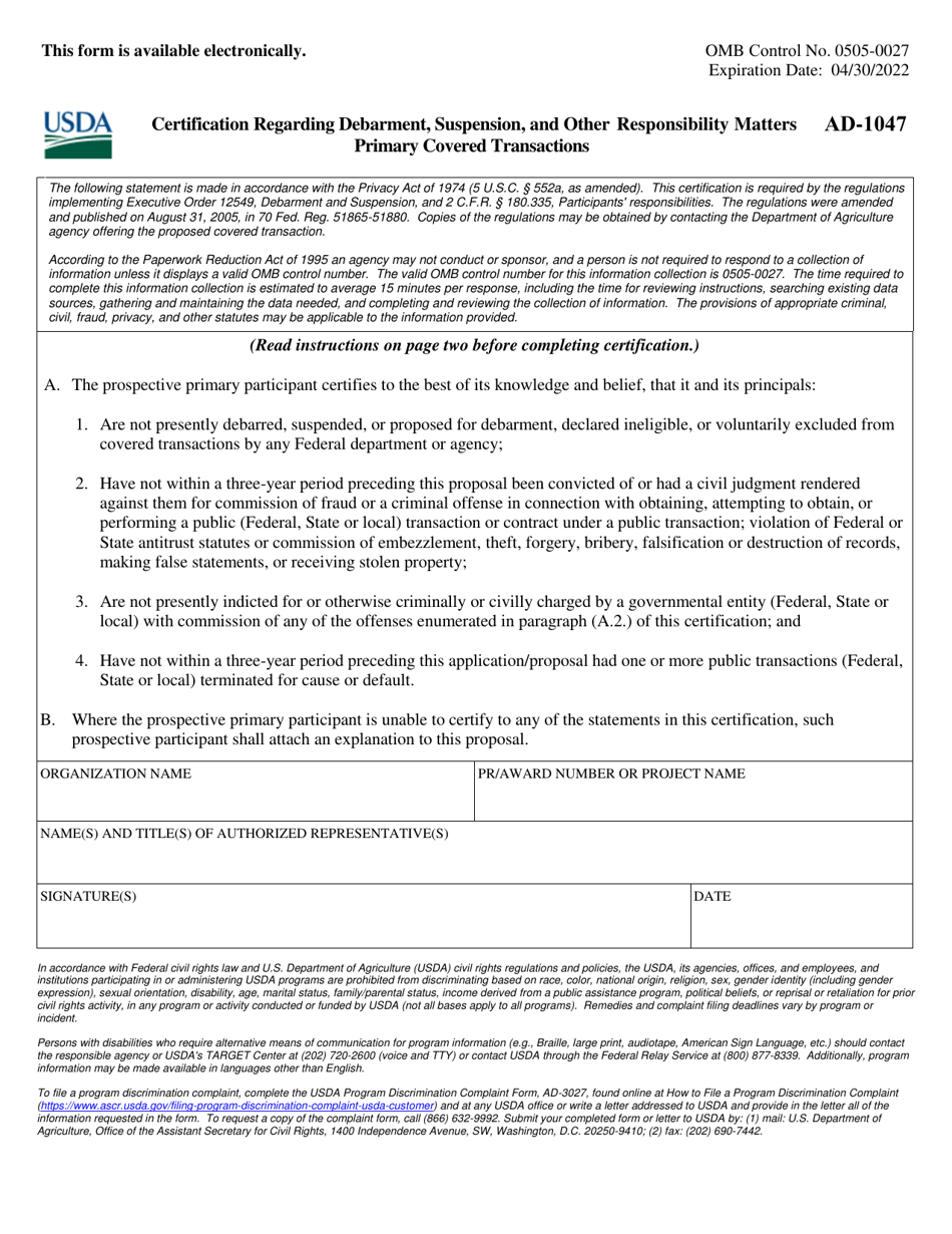 Form AD-1047 Certification Regarding Debarment, Suspension, and Other Responsibility Matters Primary Covered Transactions, Page 1