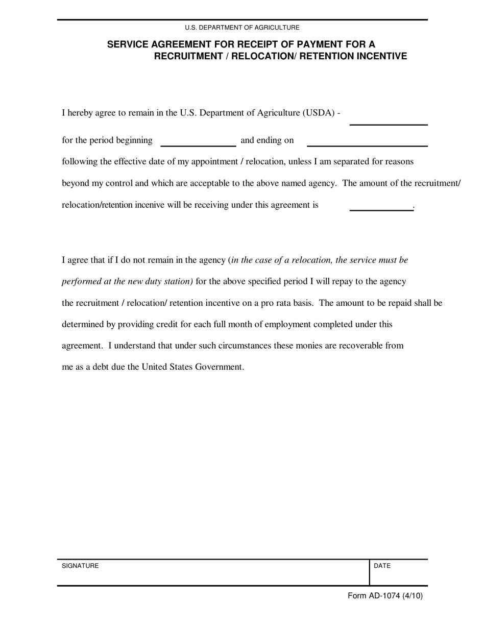 Form AD-1074 Service Agreement for Receipt of Payment for a Recruitment / Relocation / Retention Incentive, Page 1